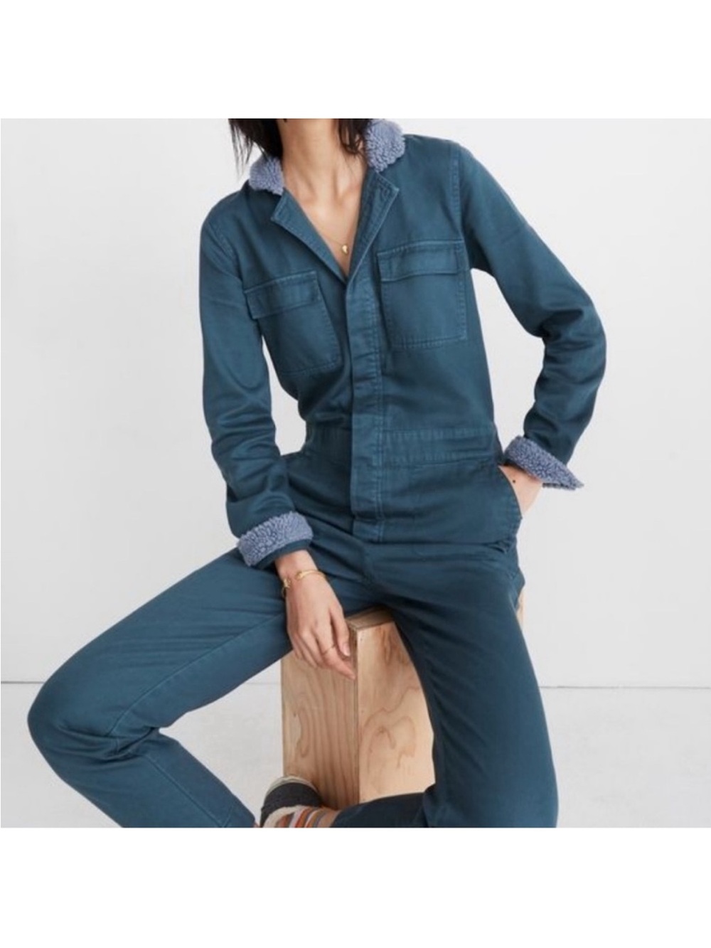 Madewell Teal Jumpsuit with Sherpa Collar